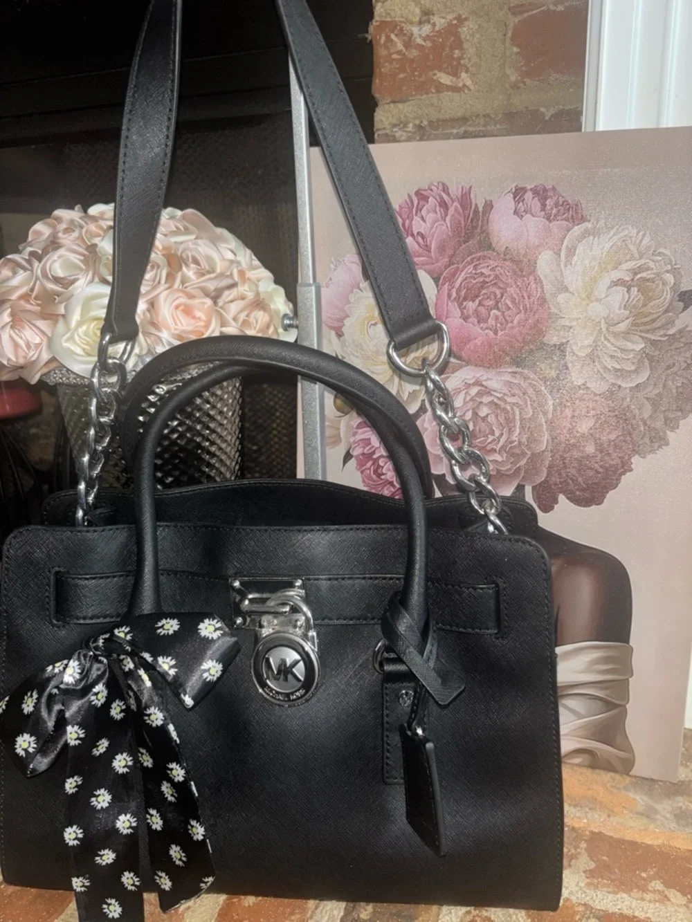 Michael Kors Black Saffiano Leather Satchel with Floral Scarf Accent - Picture 2 of 6